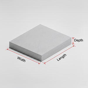 A Technical 3D model for a concrete slab calculator illustrating the length, width, and depth measurements needed for a square slab pour.